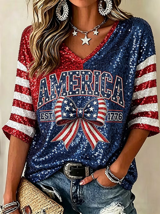 Women's Retro Independence Day USA Flag Art Print  V-Neck T-Shirt