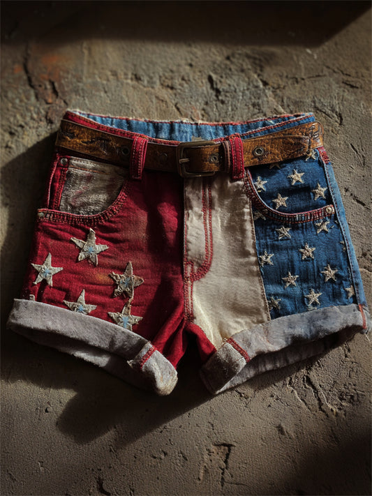 Women's Vintage American Flag Inspired Colorblock Print Denim Shorts