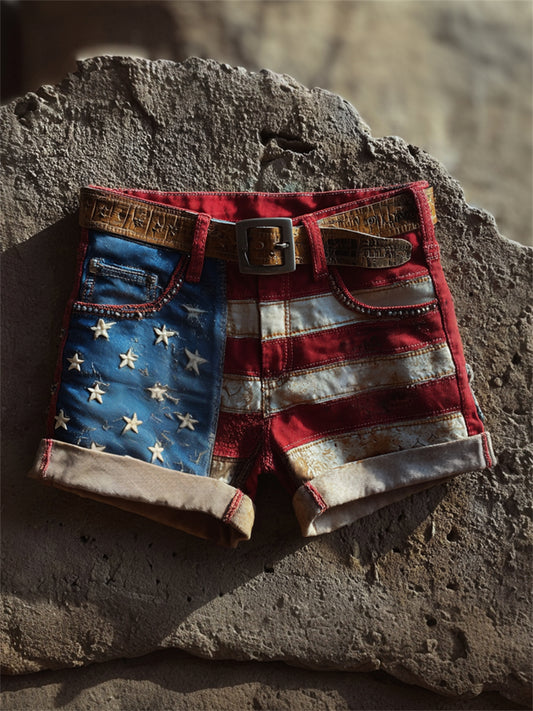 Women's Vintage American Flag Patchwork Art Print Denim Shorts