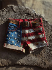 Women's Vintage American Flag Patchwork Art Print Denim Shorts