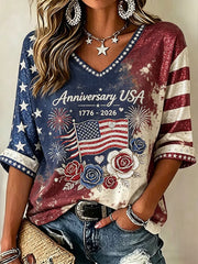 Women's Retro Independence Day USA Flag Art Print V-Neck T-Shirt