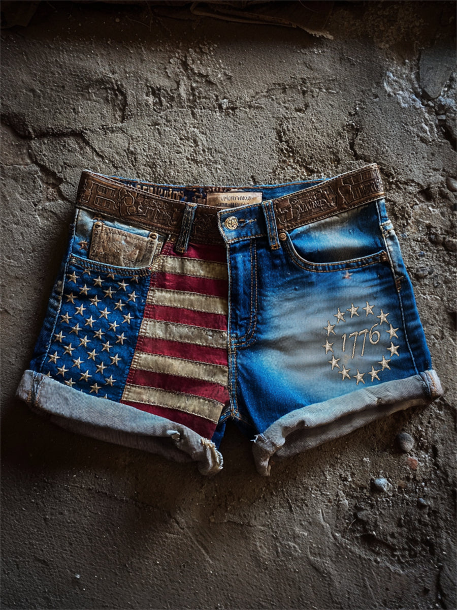 Women's 1776 American Flag Inspired Patchwork Print Denim Shorts