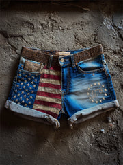 Women's 1776 American Flag Inspired Patchwork Print Denim Shorts