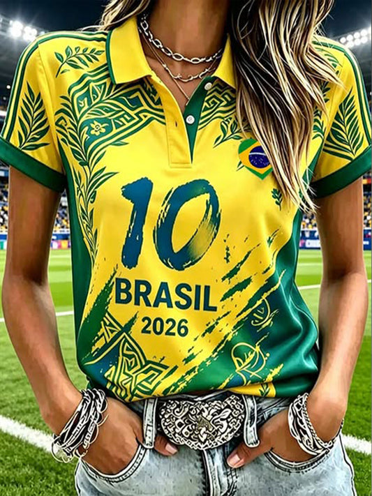 Women's Brazil Football Lover Printed Casual Tops