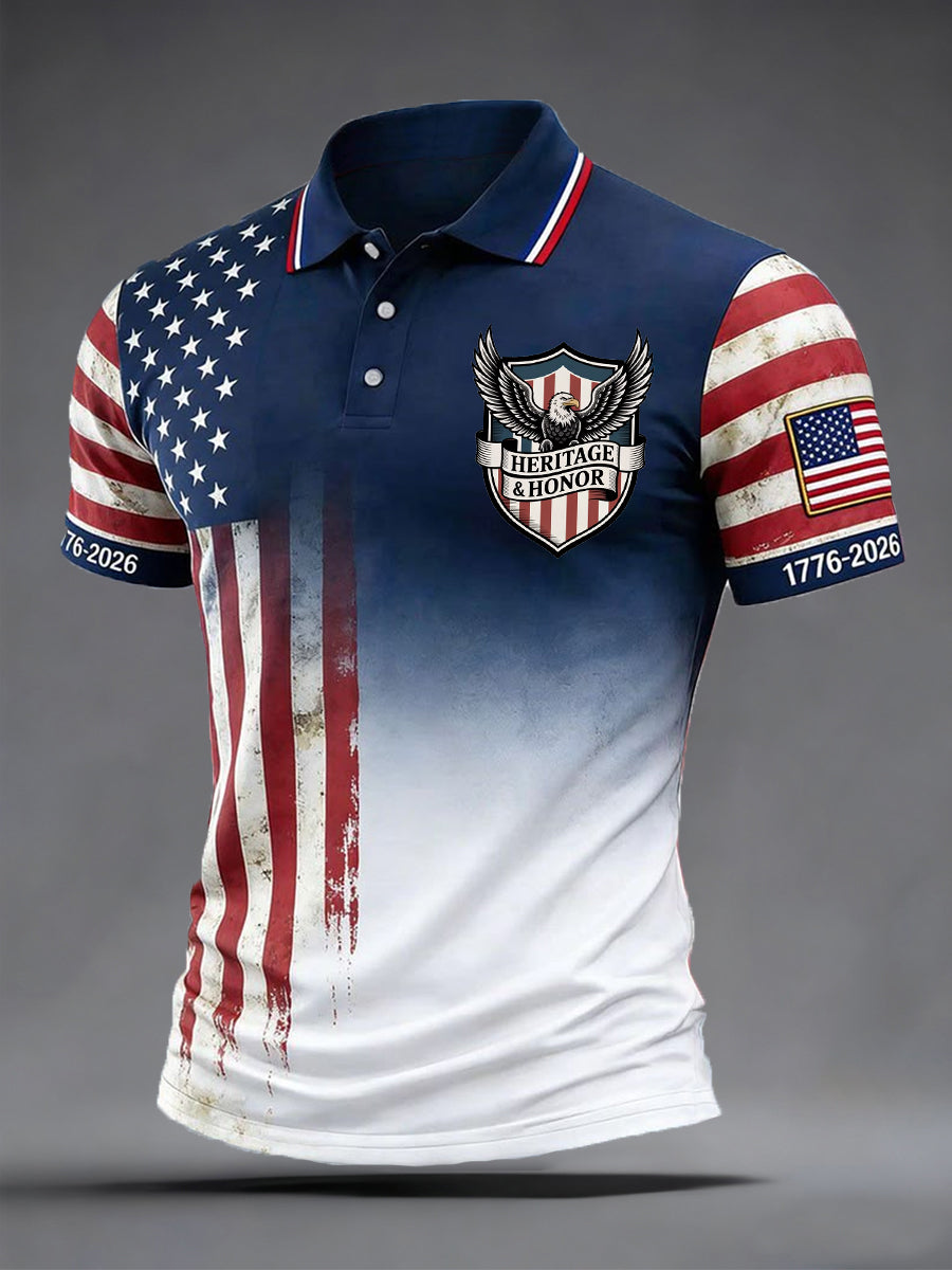Men's Independence Day Bald Eagle USA Flag Print Casual Patriotic Polo