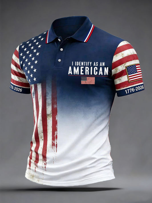 Men's I Identify As An American Independence Day USA Flag Print Casual Patriotic Polo