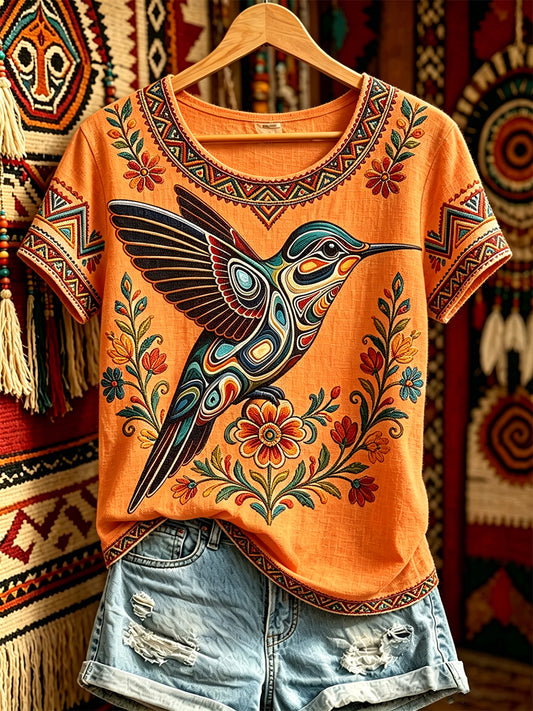Women's Casual T-Shirt with North American Indigenous Bird Totem Design