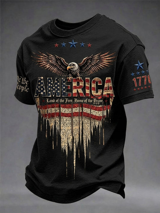 Men's Vintage Independence Day America Flag Eagle Art Print Short Sleeve T-shirt