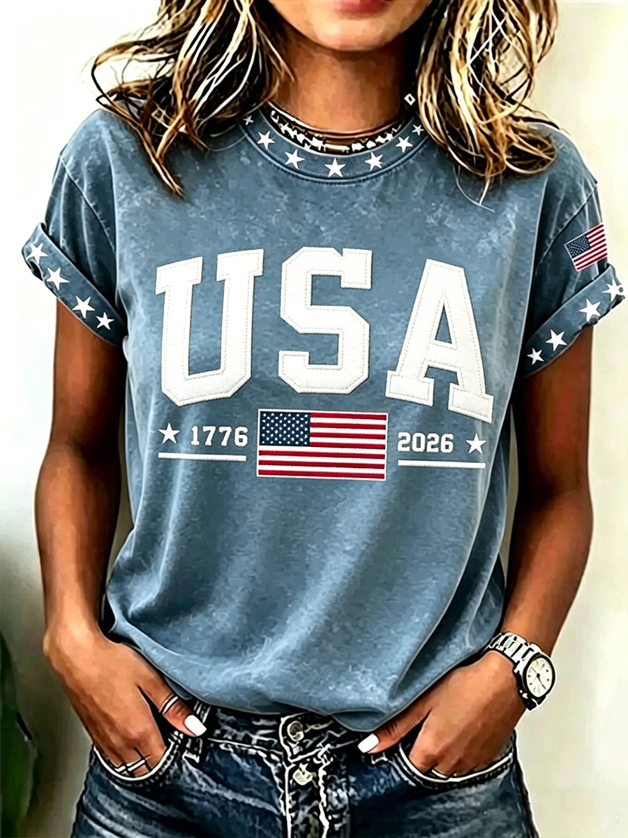 Women's Vintage Independence Day USA Flag  Art Print Short Sleeve T-shirt