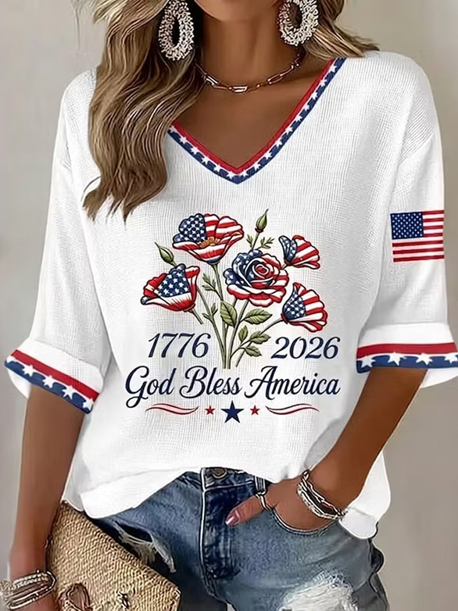 Women's Vintage Independence Day Flag Flower Art Waffle T-shirt