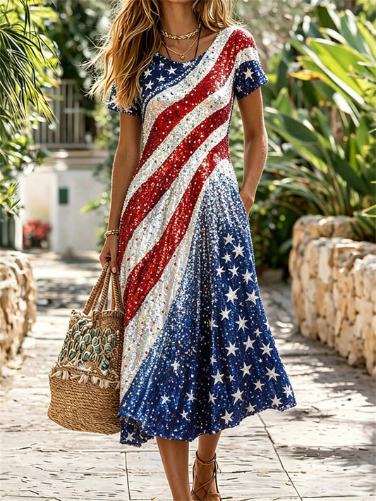 Women's Classy American Flag Glitter Art Print Flowy Maxi Dress