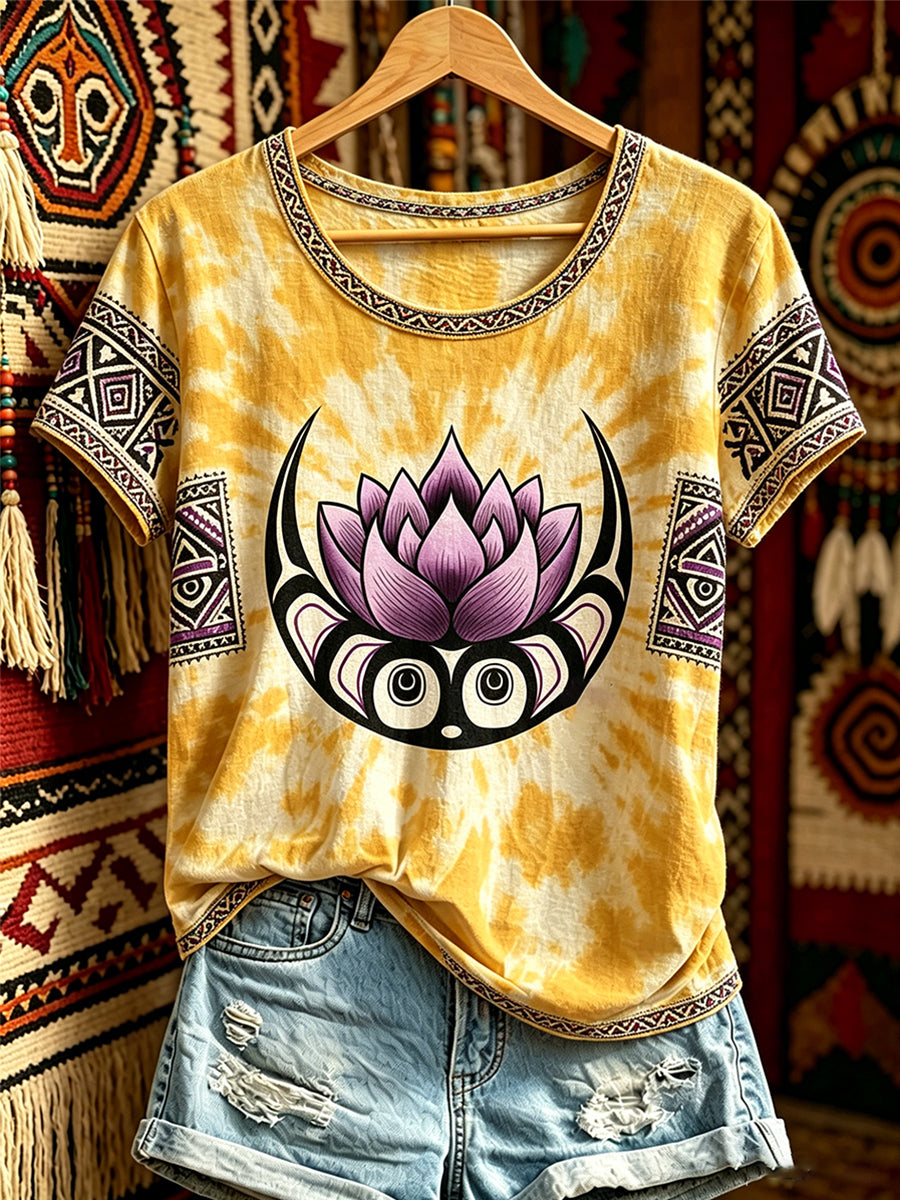 Women's Casual T-Shirt with North American Indigenous Moon Lily Totem Design