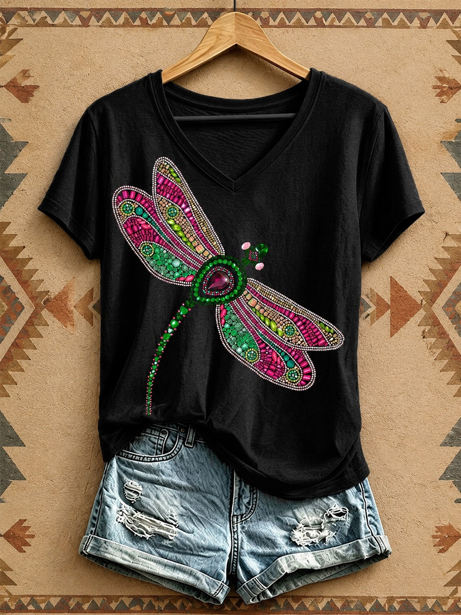 Women's Dragonfly Rhinestone Pattern V-Neck T-Shirt