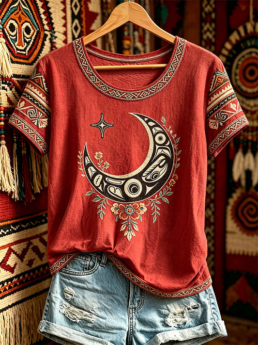 Women's Casual T-Shirt with North American Indigenous Moon Totem Design