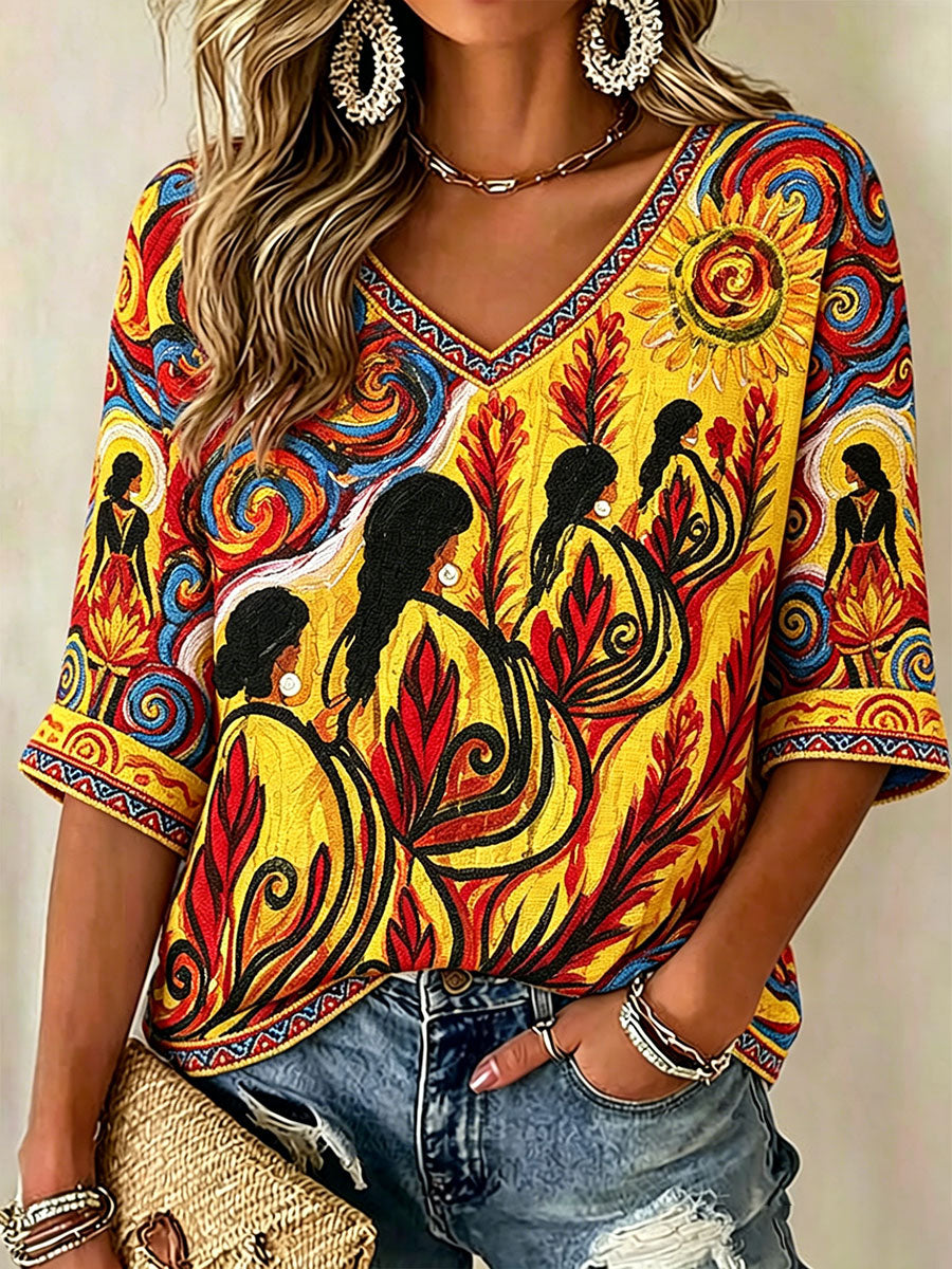 Women's Indigenous Art Print Casual T-Shirt