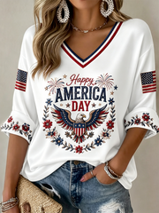 Women's Independence Day Printed Mid-length Sleeves V-Neck T-Shirt