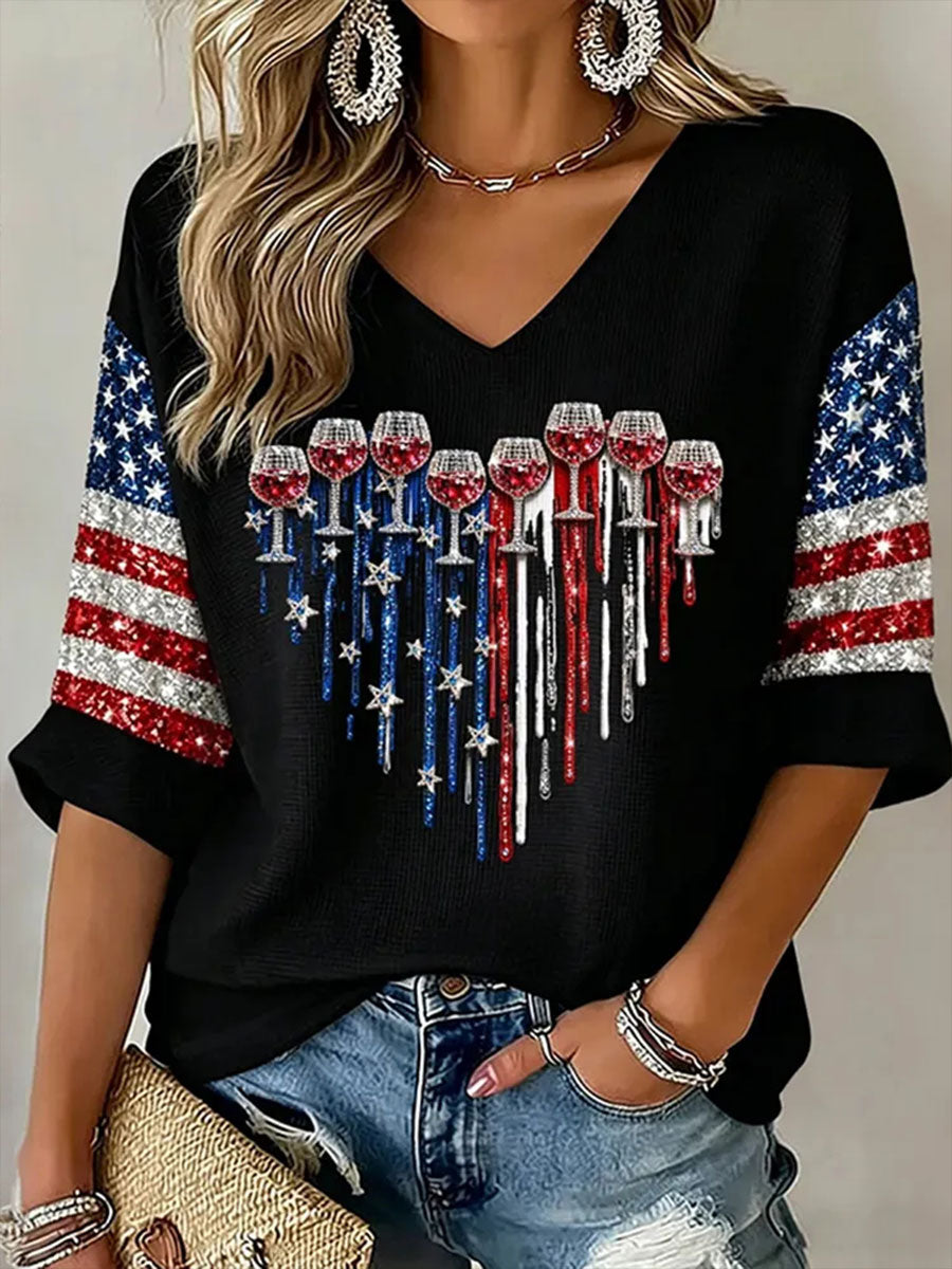 Women's Red Wine Glass Heart National Flag Waffle T-shirt