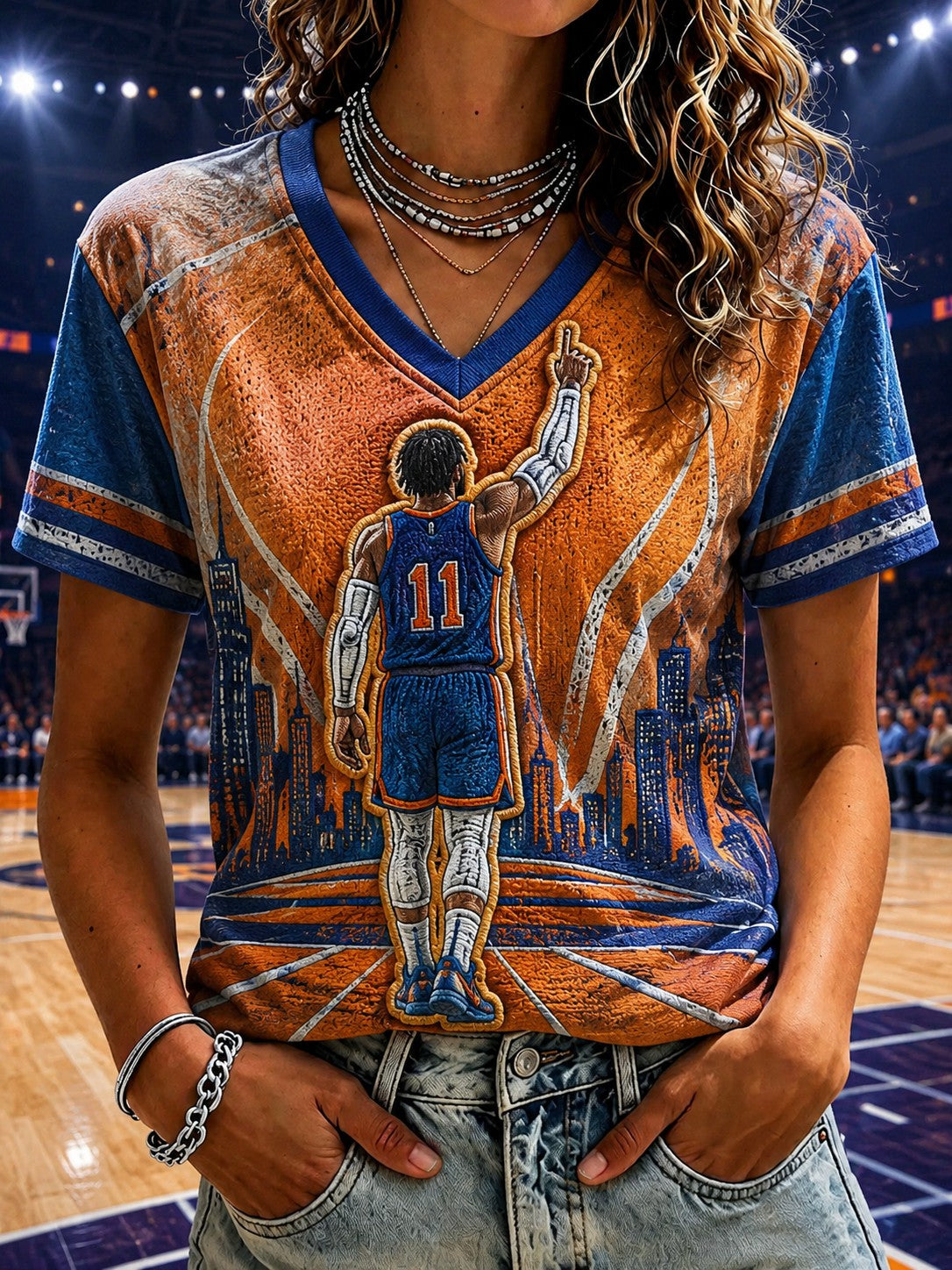Women's New York Basketball Printed V-neck T-shirt