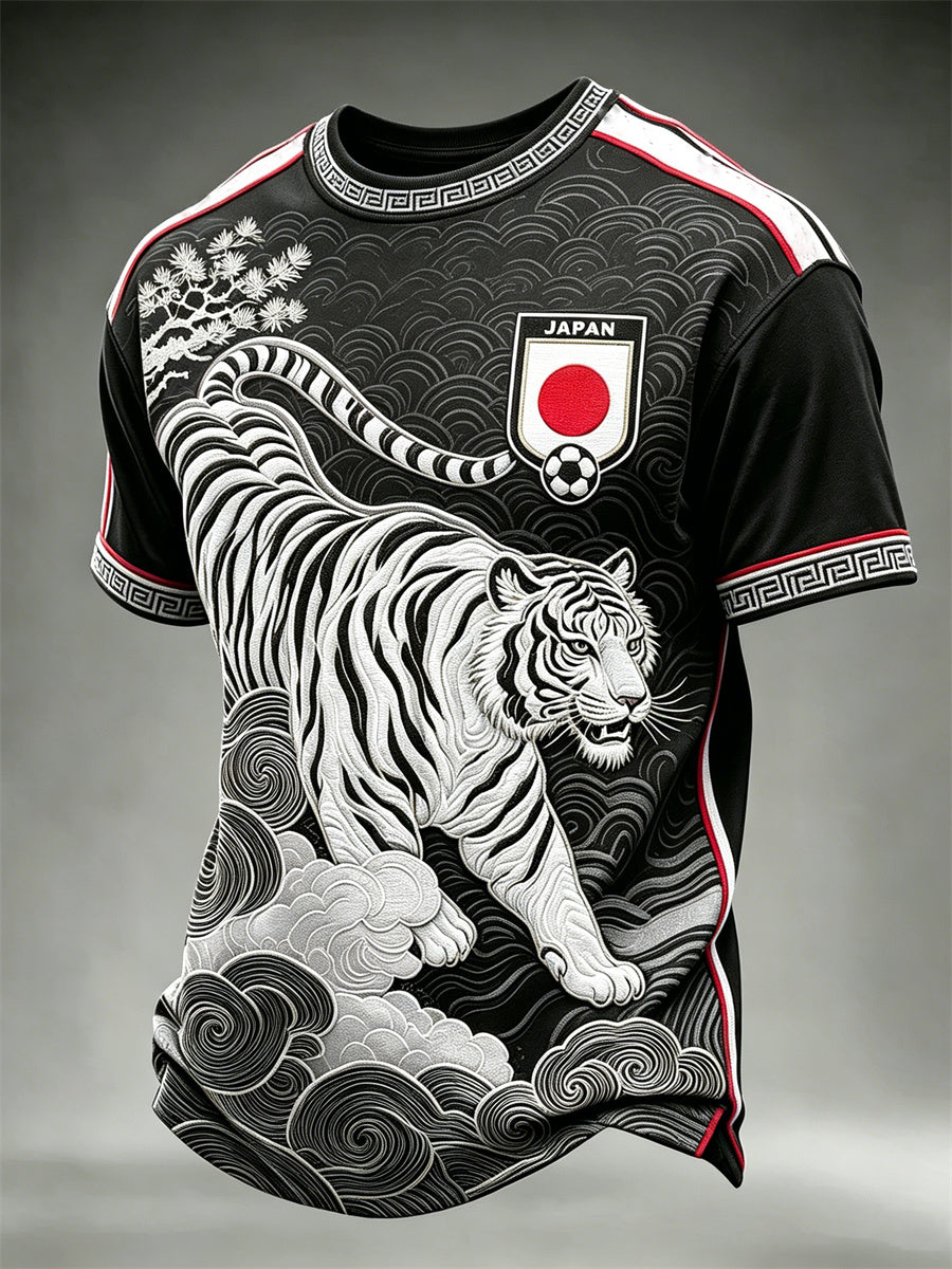 Men's Japan Football Tiger & Pine Trees Sea Waves Art Print short sleeves t-shirt