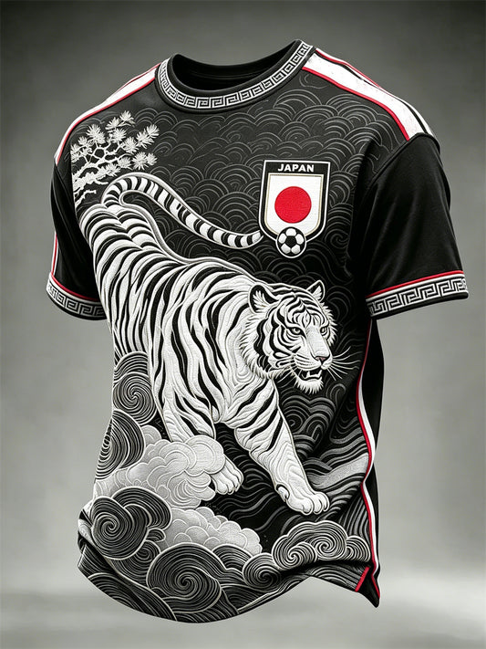 Men's Japan Football Tiger & Pine Trees Sea Waves Art Print short sleeves t-shirt