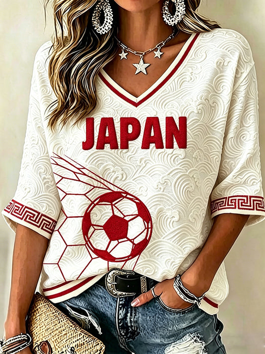 Women's Japanese Waves Print Japan Football Fan Mid-length Sleeves V-Neck T-Shirt