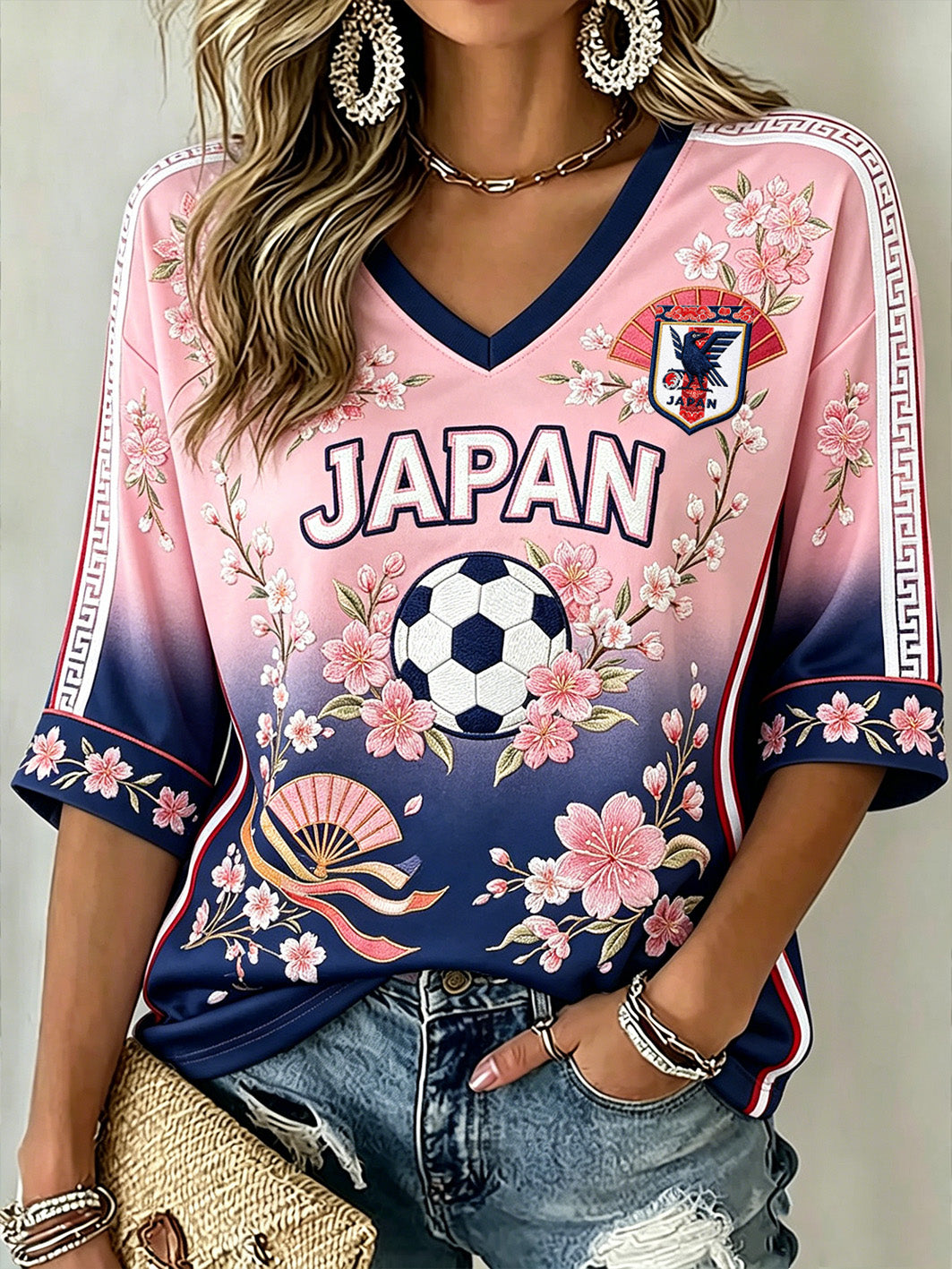 Women's Japanese Art Style Football Element Print  Mid-length Sleeves V-Neck T-Shirt