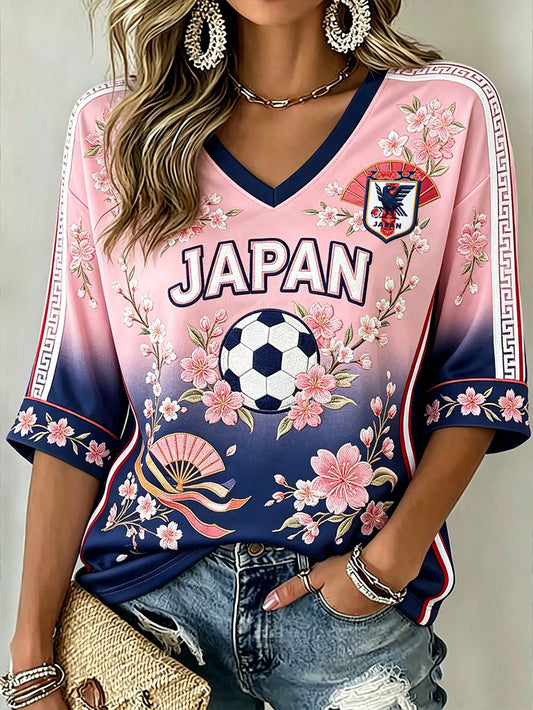 Women's Japanese Art Style Football Element Print  Mid-length Sleeves V-Neck T-Shirt