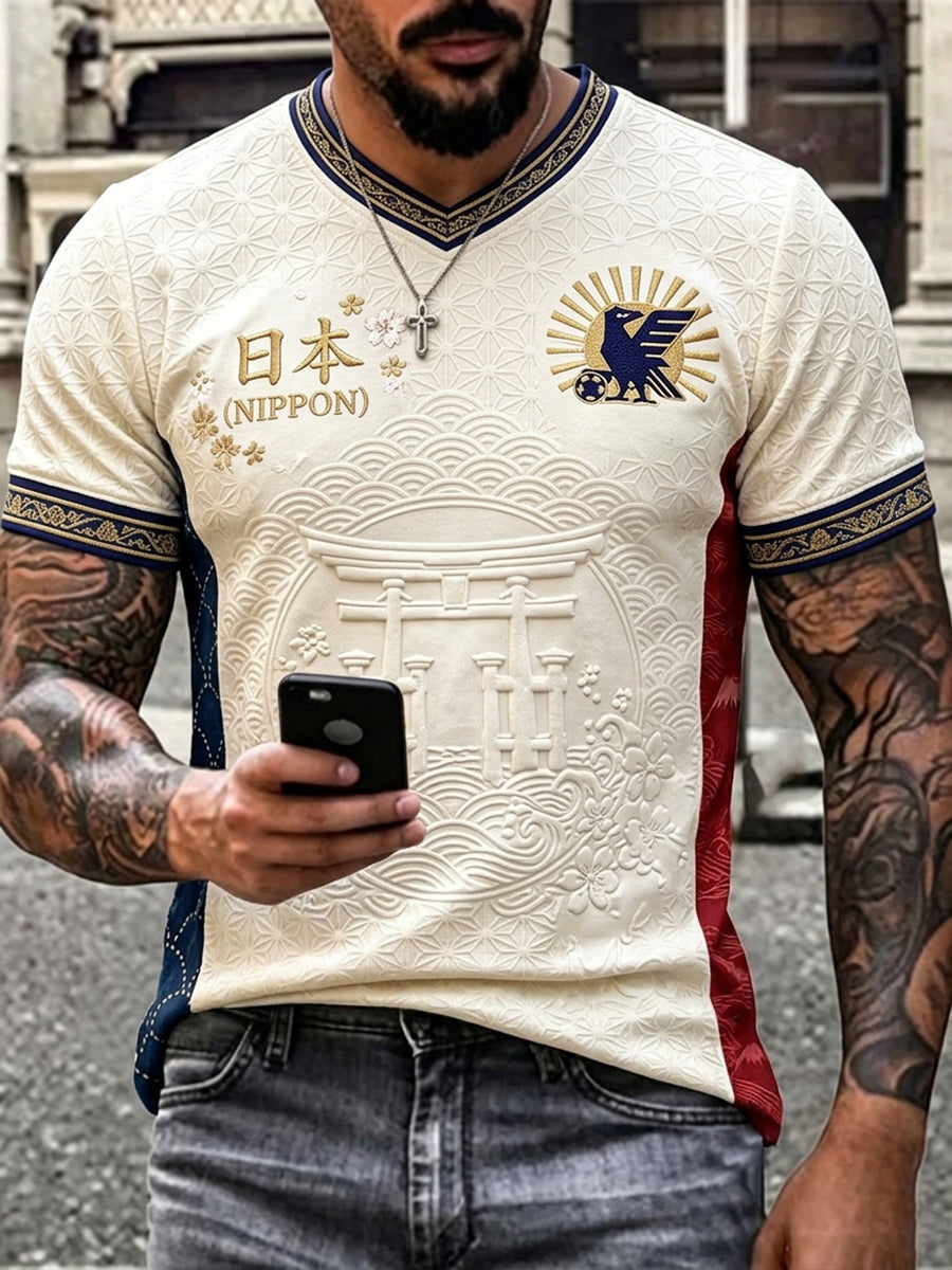 Men's Traditional Japanese Art Print Japan Football Fan V-neck T-shirt