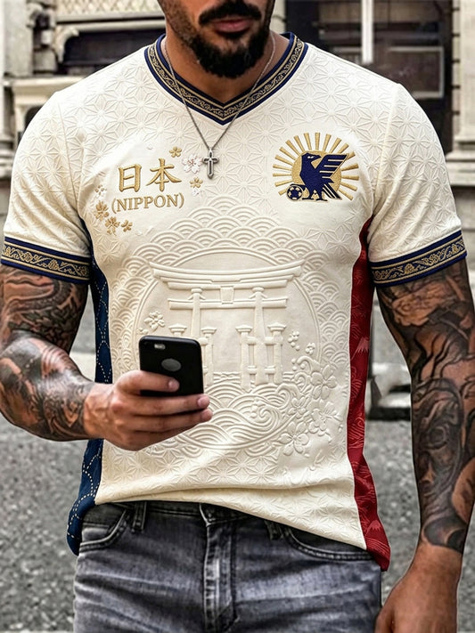 Men's Traditional Japanese Art Print Japan Football Fan V-neck T-shirt
