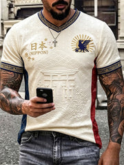 Men's Traditional Japanese Art Print Japan Football Fan V-neck T-shirt
