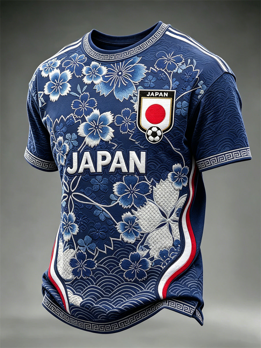 Men's Japan Football Cherry Blossom & Sea Waves Art Print short sleeves t-shirt