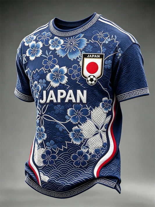 Men's Japan Football Cherry Blossom & Sea Waves Art Print short sleeves t-shirt