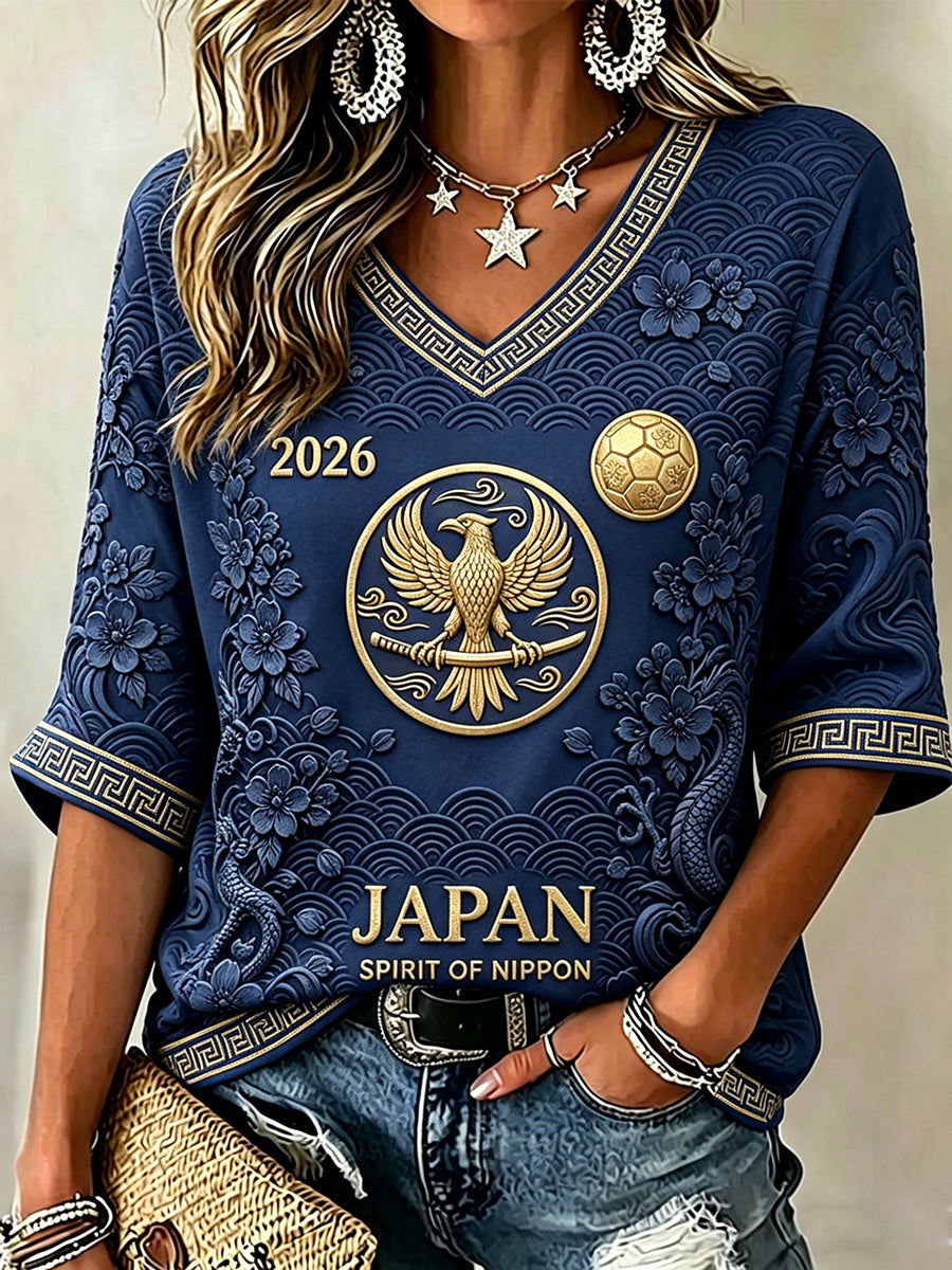 Women's Japan Football Inspired Print Mid-length Sleeves V-Neck T-Shirt