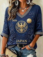 Women's Japan Football Inspired Print Mid-length Sleeves V-Neck T-Shirt