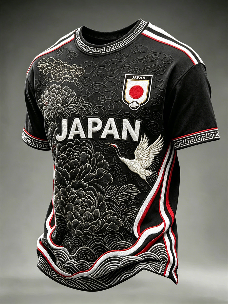 Men's Japan Football Crane & Flowers Sea Waves Art Print short sleeves t-shirt