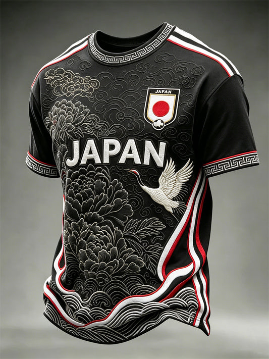 Men's Japan Football Crane & Flowers Sea Waves Art Print short sleeves t-shirt