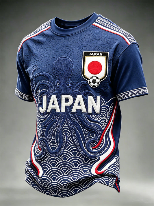 Men's Japan Football Octopus & Sea Waves Art Print short sleeves t-shirt