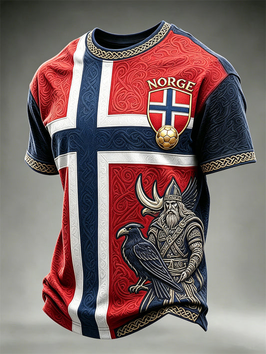 Men's Norway Football Viking Warrior & Raven Celtic Knot Flag Colorblock Print short sleeves t-shirt