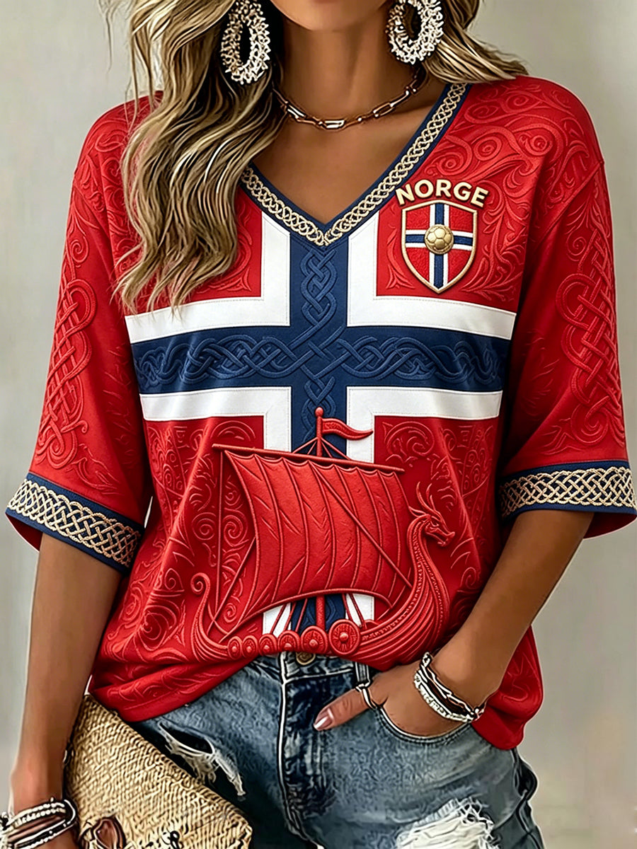 Women's Viking Celtic Print Norway Football Fan Mid-length Sleeves V-Neck T-Shirt