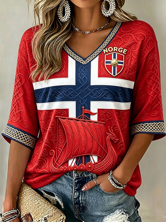 Women's Viking Celtic Print Norway Football Fan Mid-length Sleeves V-Neck T-Shirt