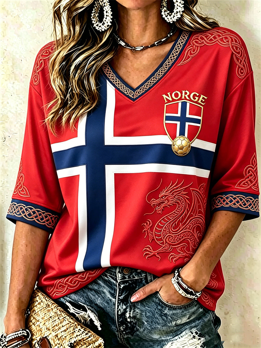 Women's Norway Football Viking Dragon Celtic Knot Flag Colorblock Print Mid-length Sleeves V-Neck T-Shirt