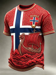 Men's Norway Football Viking Ship Over Waves Celtic Knot Flag Colorblock Print short sleeves t-shirt