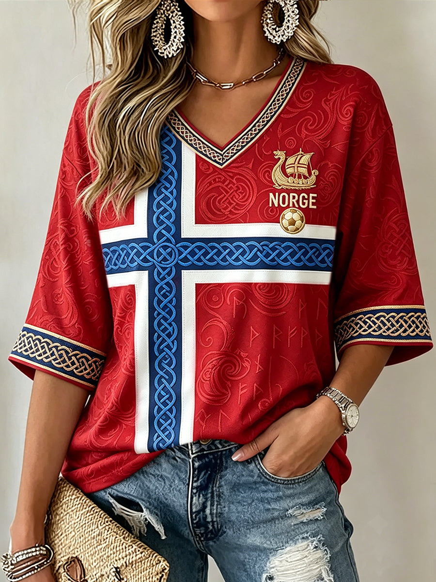 Women's Norway Football Inspired Art Celtic Print Mid-length Sleeves V-Neck T-Shirt