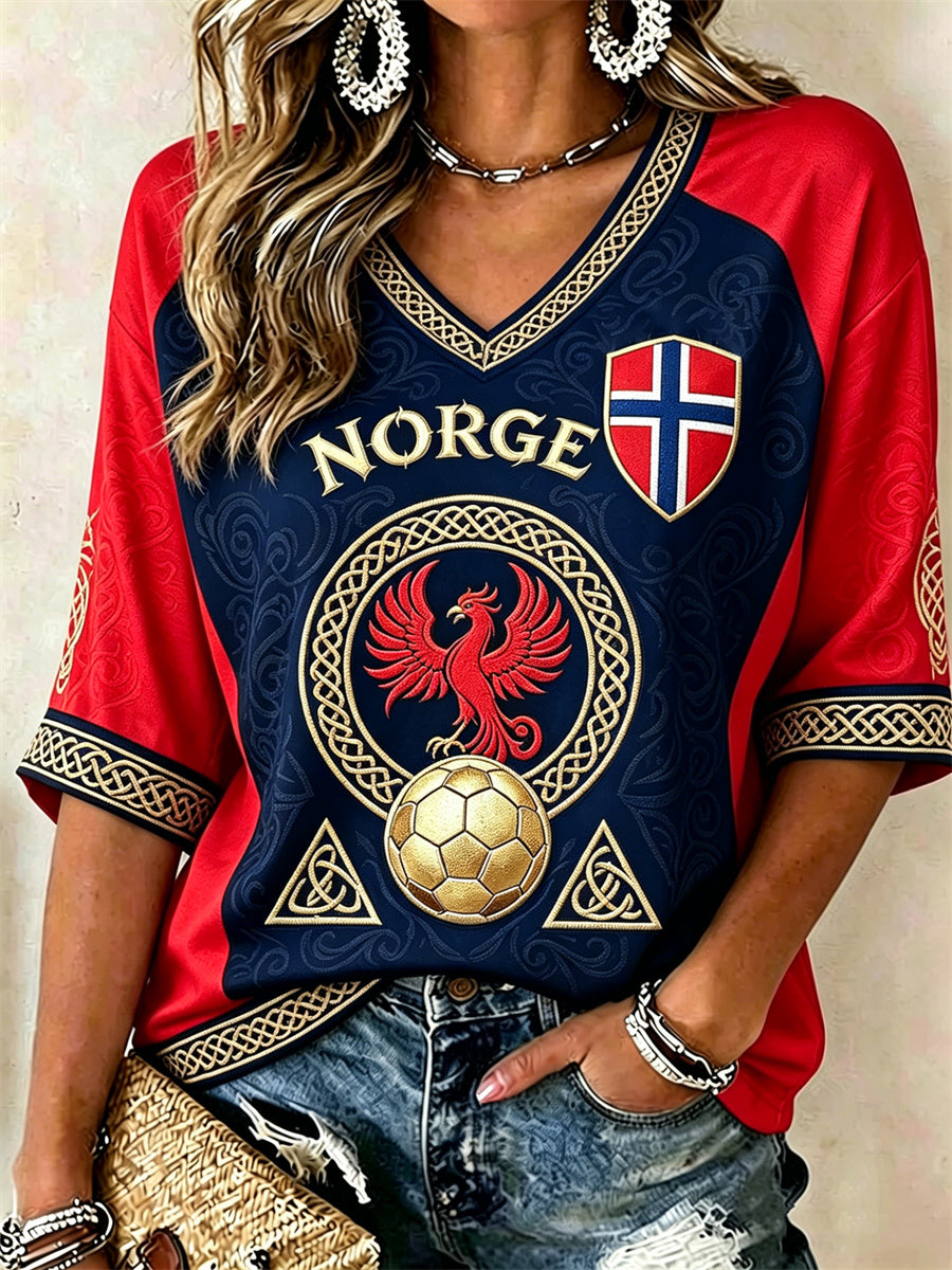 Women's Norway Football Viking Phoenix Celtic Knot Flag Contrast Print Mid-length Sleeves V-Neck T-Shirt