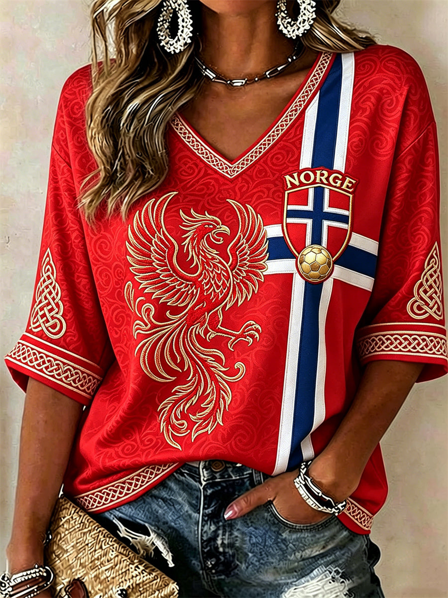 Women's Norway Football Viking Phoenix Celtic Knot Flag Print Mid-length Sleeves V-Neck T-Shirt