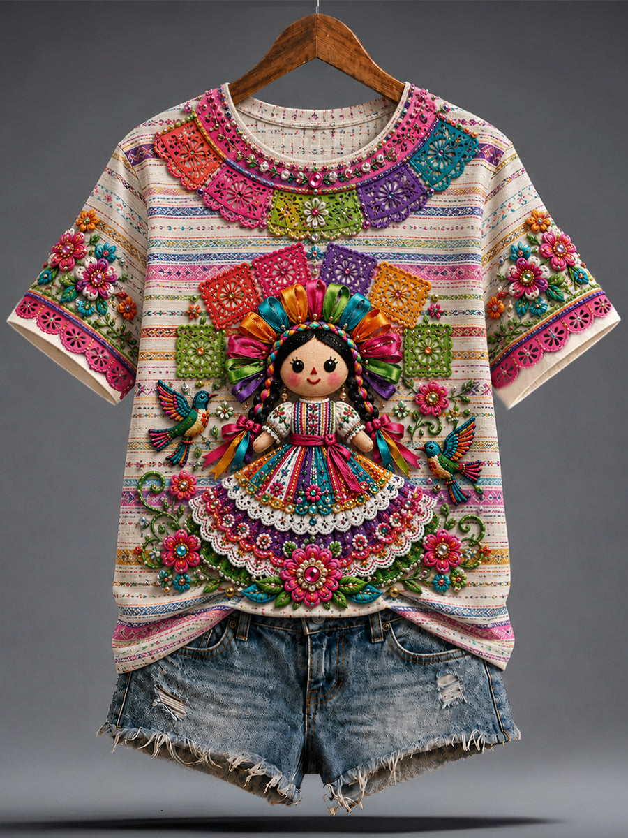 Women's Guelaguetza Mexico Lele Doll Art Printed T-shirt