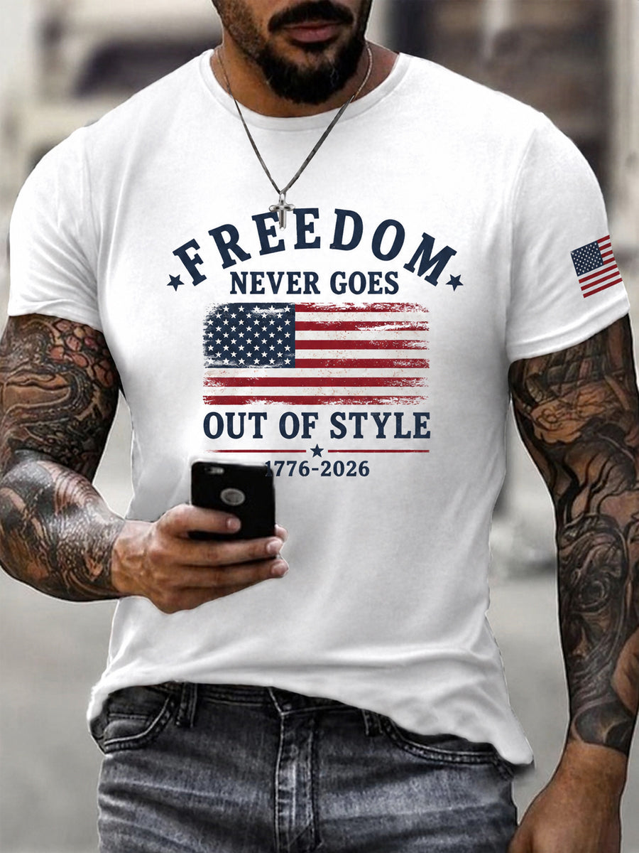 Men's Freedom Never Goes Out Of Style USA Flag Print Casual Patriotic Tee
