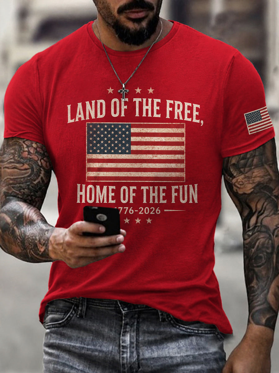Men's Land Of The Free Home Of The Fun USA Flag Print Casual Patriotic Tee