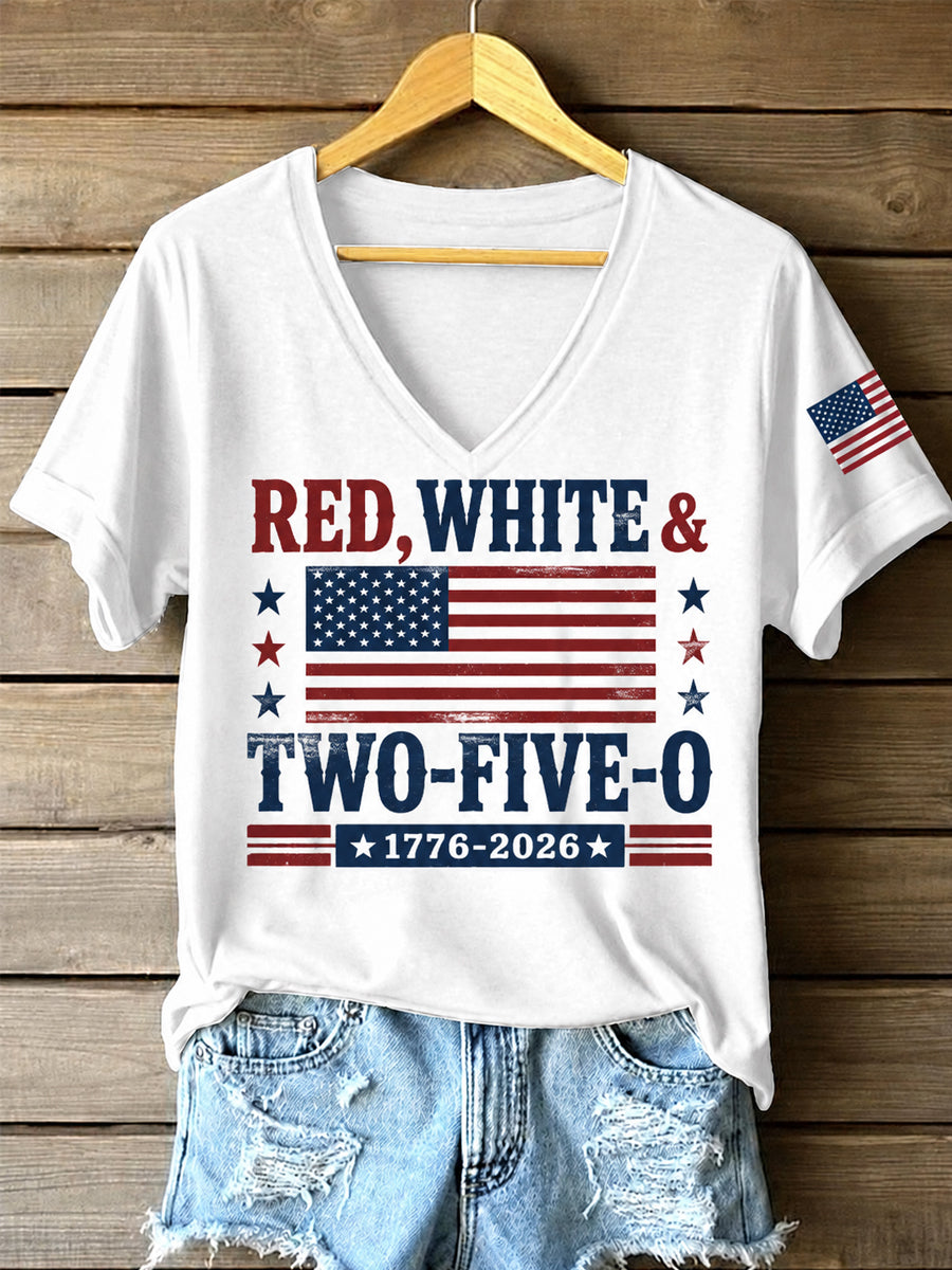 Women's Red White Two-Five-O USA Flag Print Casual Patriotic V-Neck Tee