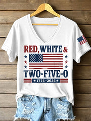 Women's Red White Two-Five-O USA Flag Print Casual Patriotic V-Neck Tee